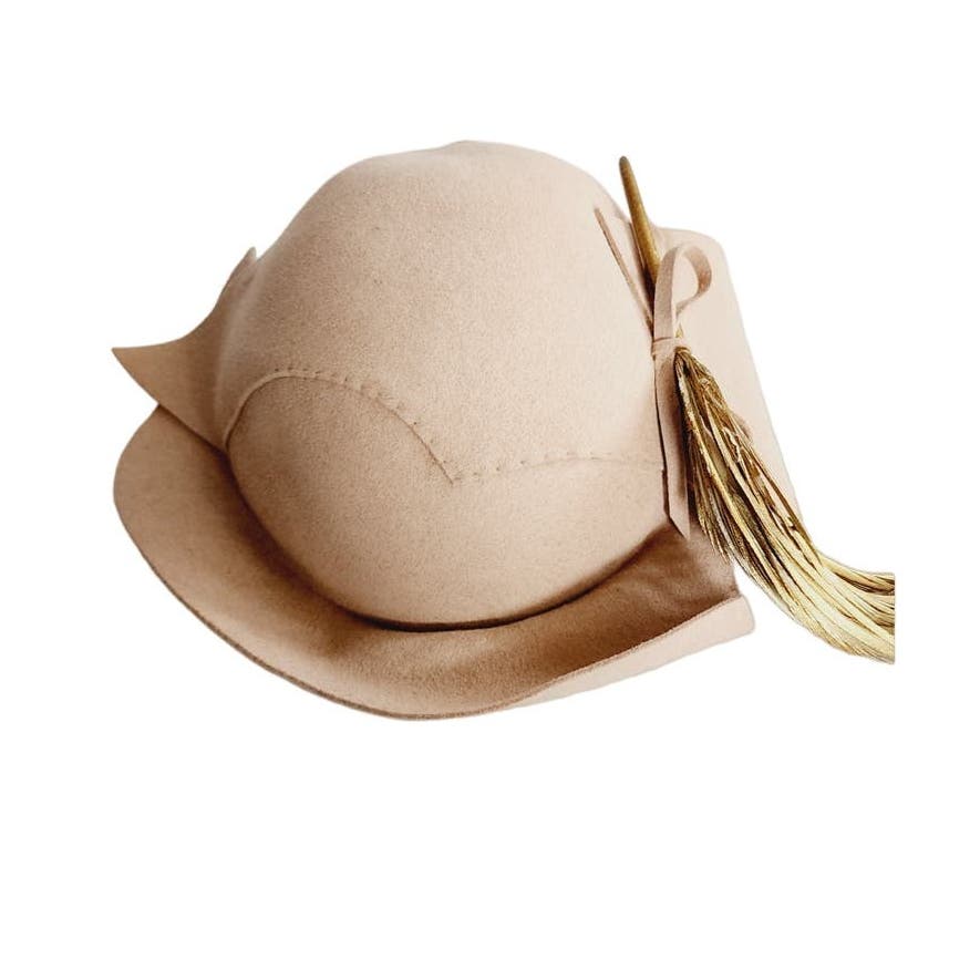Vintage 50s Cocktail Hat Beige Wool Gold Feathers Beverly Devon