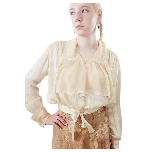 Edwardian Beige Silk Blouse Check Pattern Long Sleeve Waist Sash