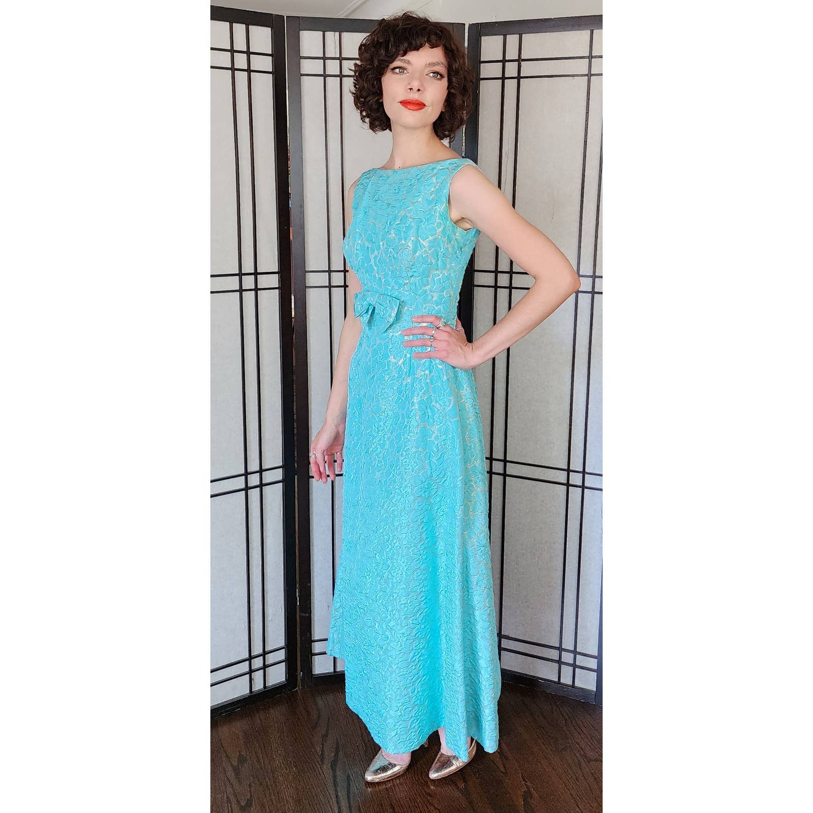 60s Party Dress Blue Gold Maxi Pebble Texture Sleeveless w/Bow / S RareJule Vintage 60s Party Dress Blue Gold Maxi Pebble Texture Sleeveless w/Bow / S RareJule Vintage