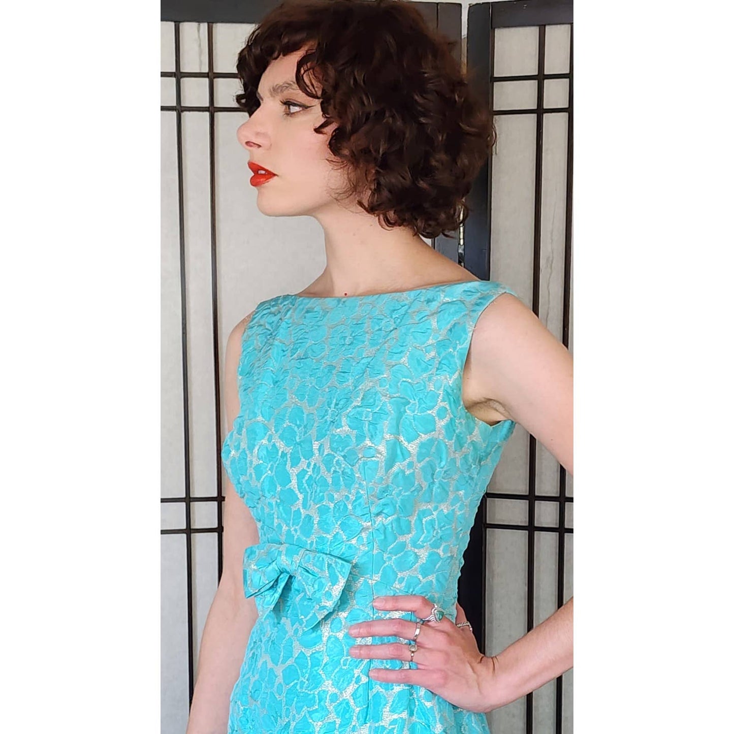 60s Party Dress Blue Gold Maxi Pebble Texture Sleeveless w/Bow / S