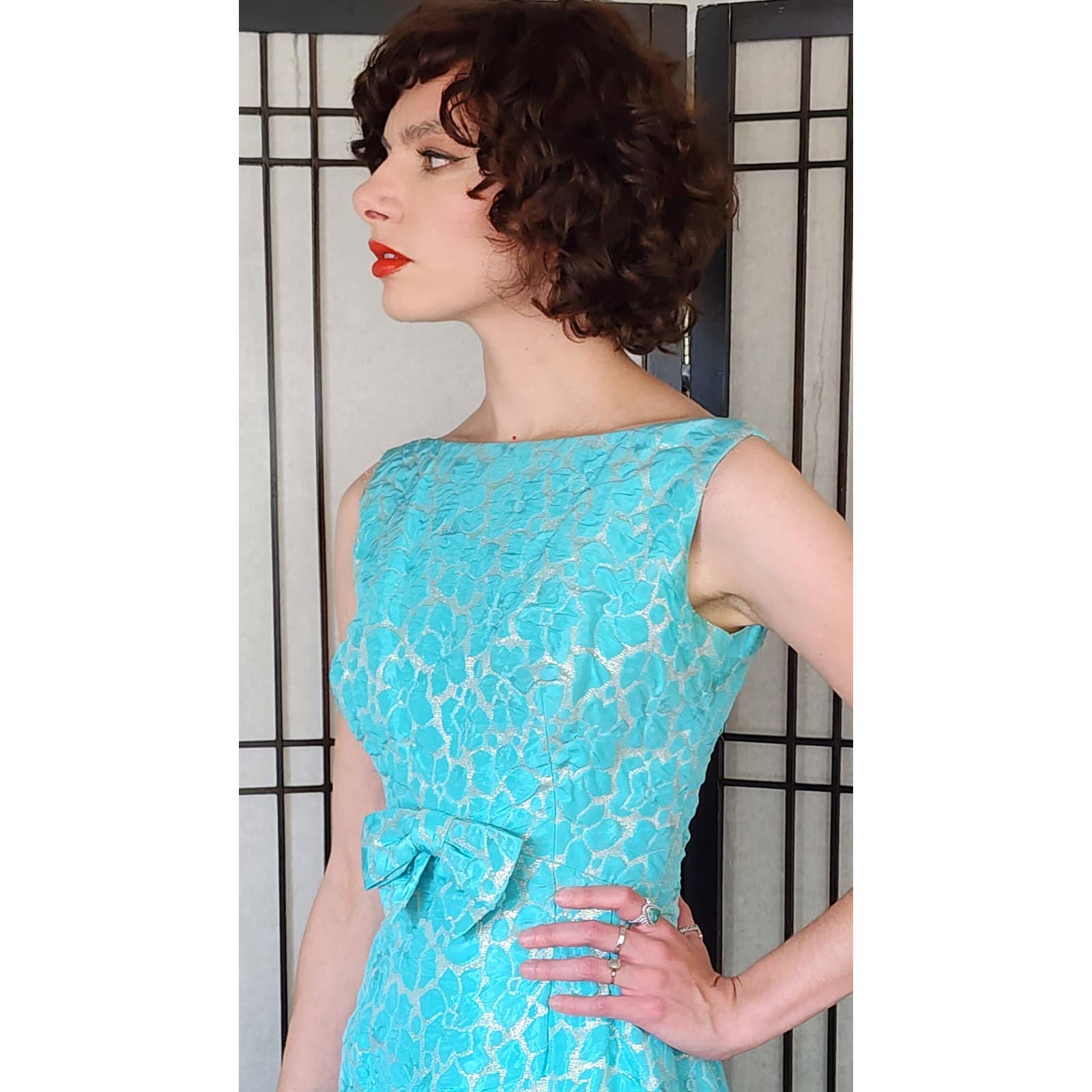 60s Party Dress Blue Gold Maxi Pebble Texture Sleeveless w/Bow / S RareJule Vintage 60s Party Dress Blue Gold Maxi Pebble Texture Sleeveless w/Bow / S RareJule Vintage