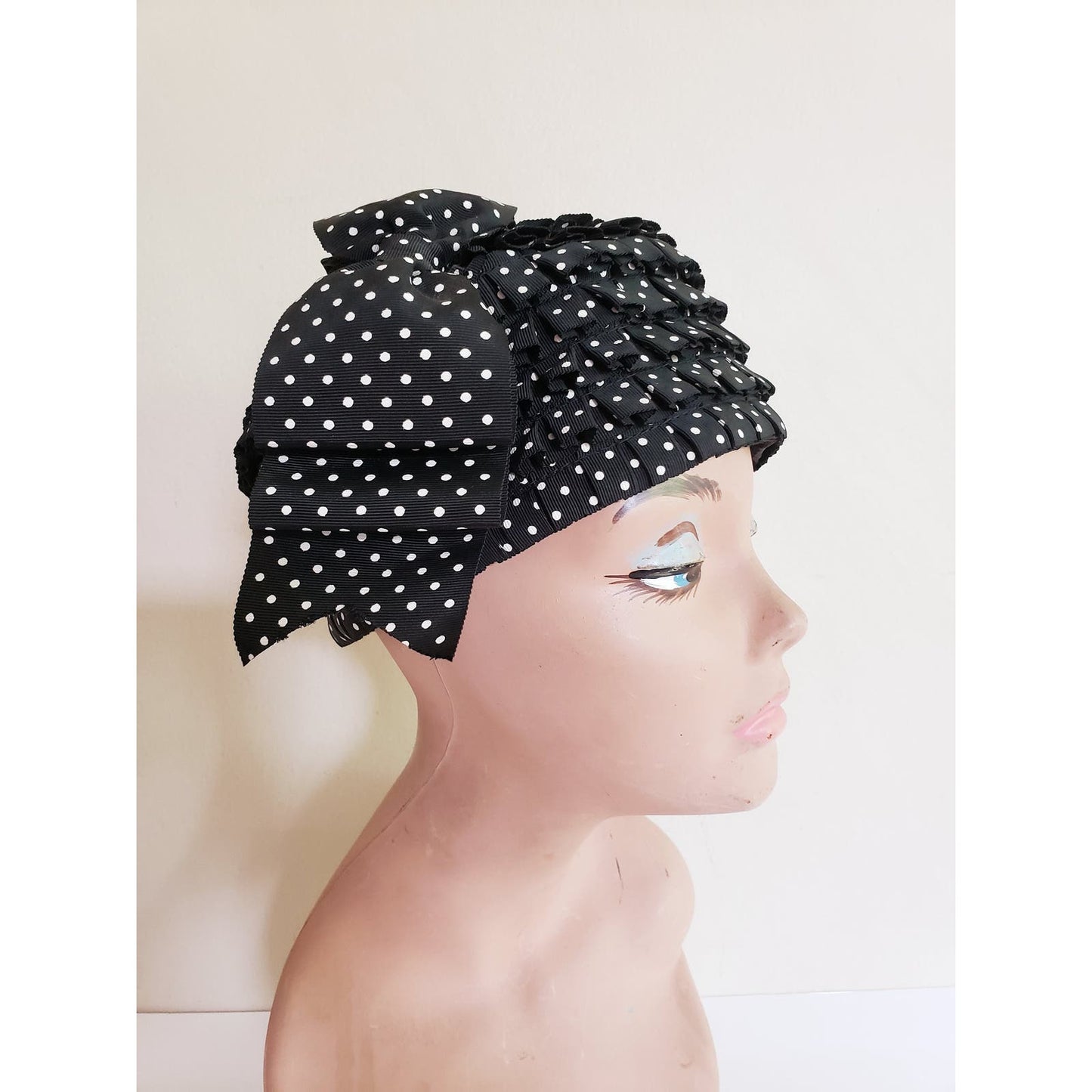 Vintage 60s Hat Black White Polka Dot Print Mod Toque Bow Ruffles