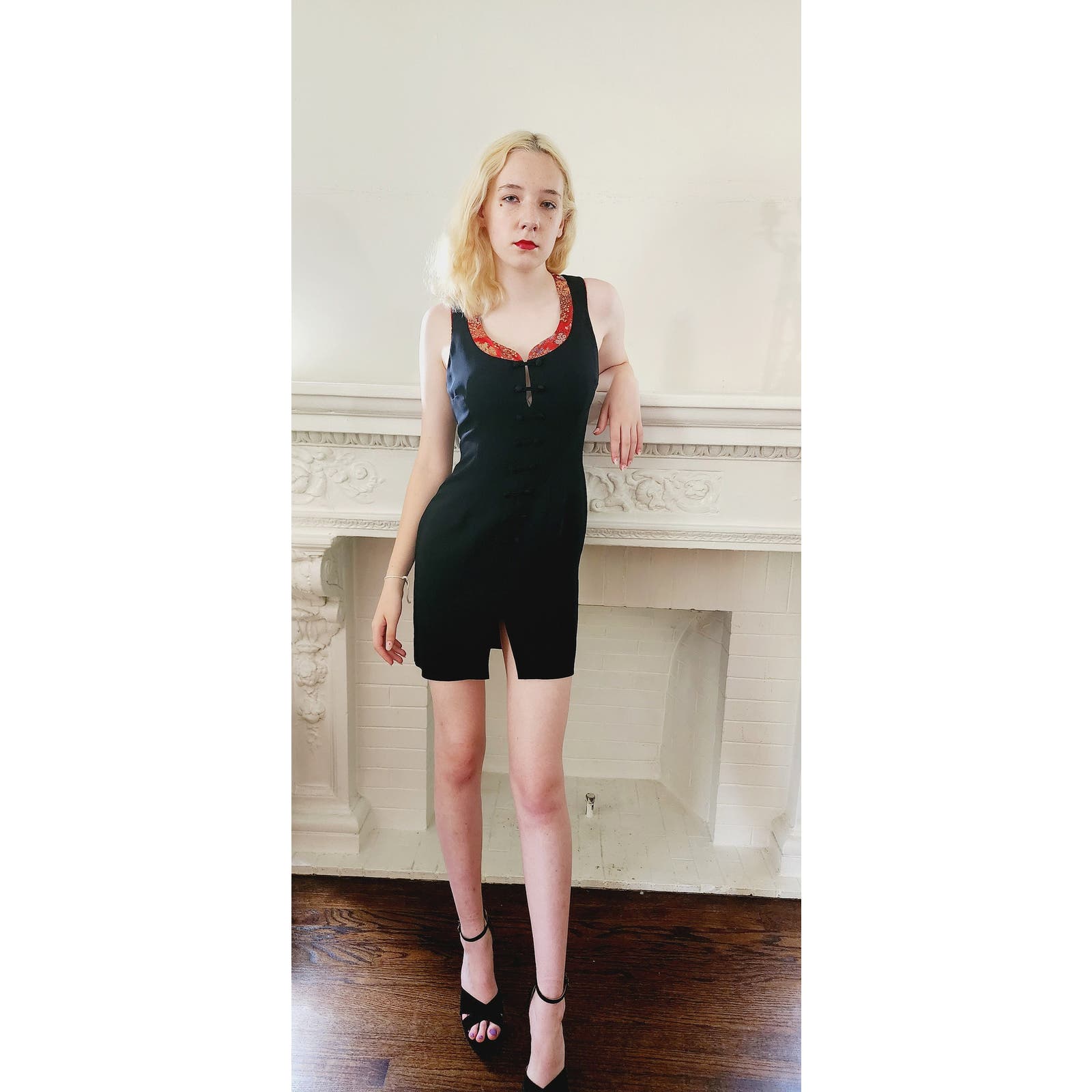90s chinese dress Vintage 90s Black Red Satin Chinese Asian Top Dress Mandarin Collar Button up Chinese Short Sleeve Dress China Dress Print Dragon Size Small