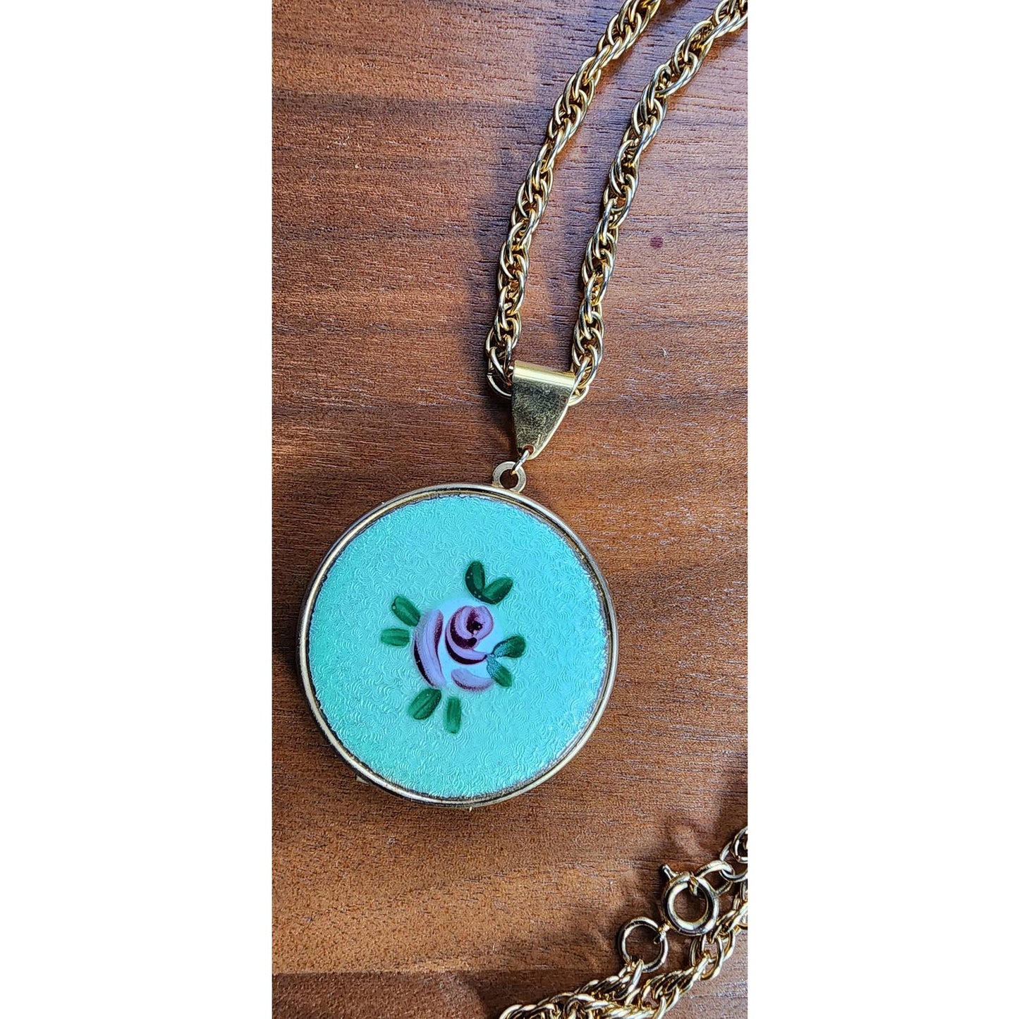 60s Enamel Locket Pendant Necklace Gold Chain Green Floral