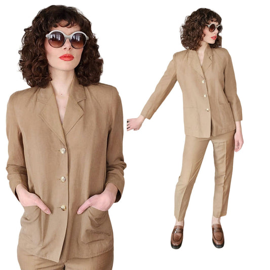 Vintage 80s Pants Suit Brown Cotton Summer Style