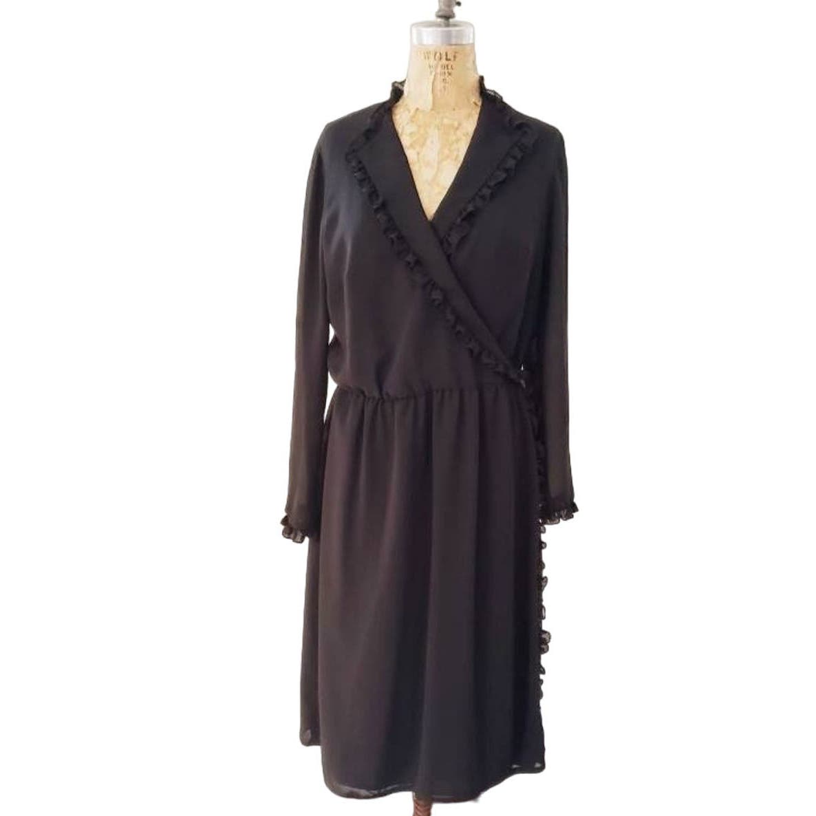 Vintage 70s Black Wrap Dress Ruffled Shawl Collar Long Sleeves