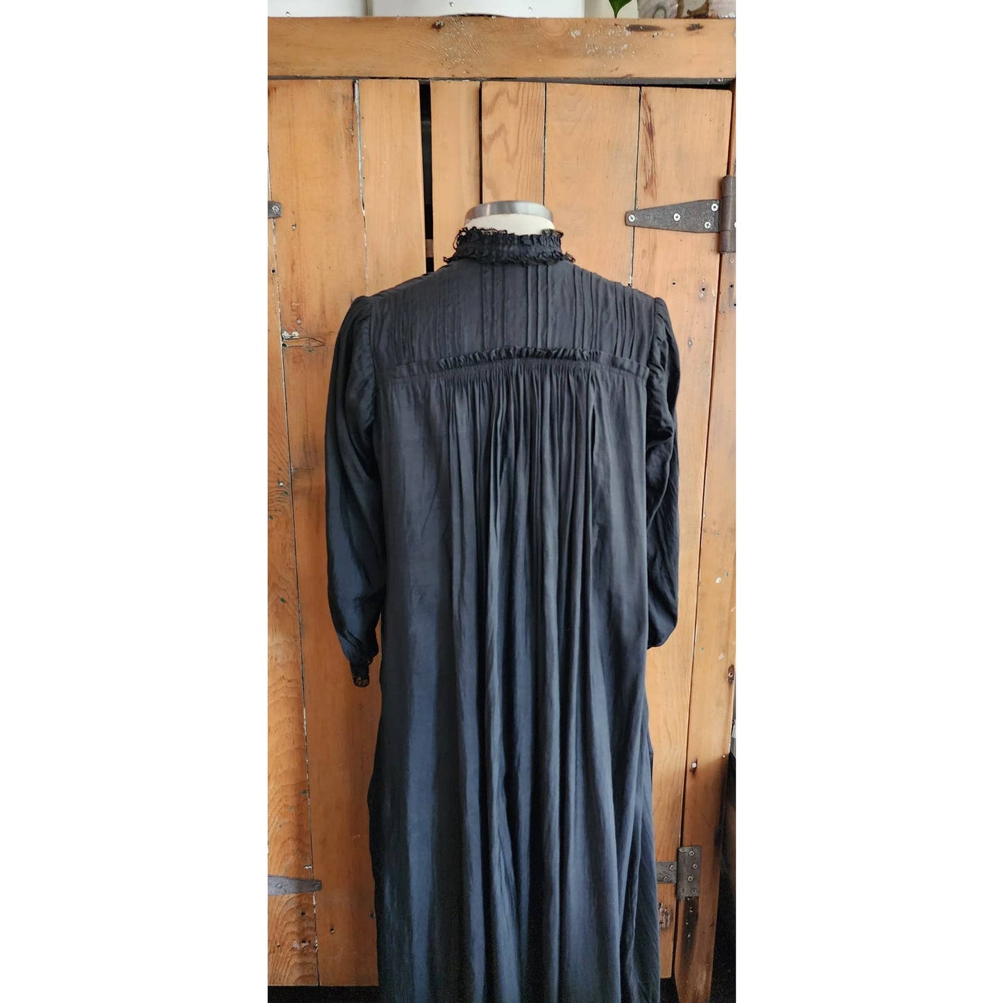 Antique 1910s Black Day Dress Long Sleeves Pleated Cotton Edwardian M