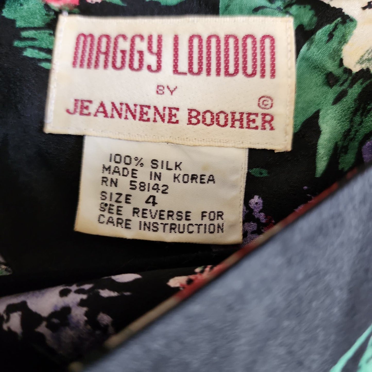 Vintage 80s Dark Floral Print Silk Dress Maggy London Long Sleeved