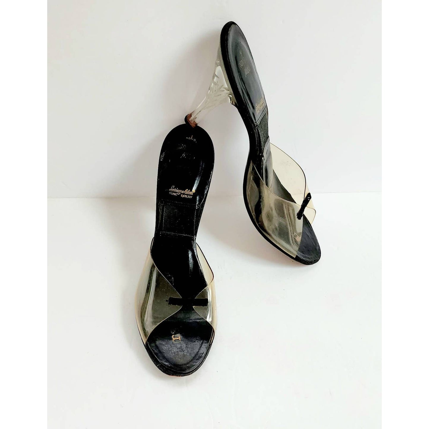 Vintage 50s Plastic Shoes Peeptoe Clear Lucite Slides Mules Springolators