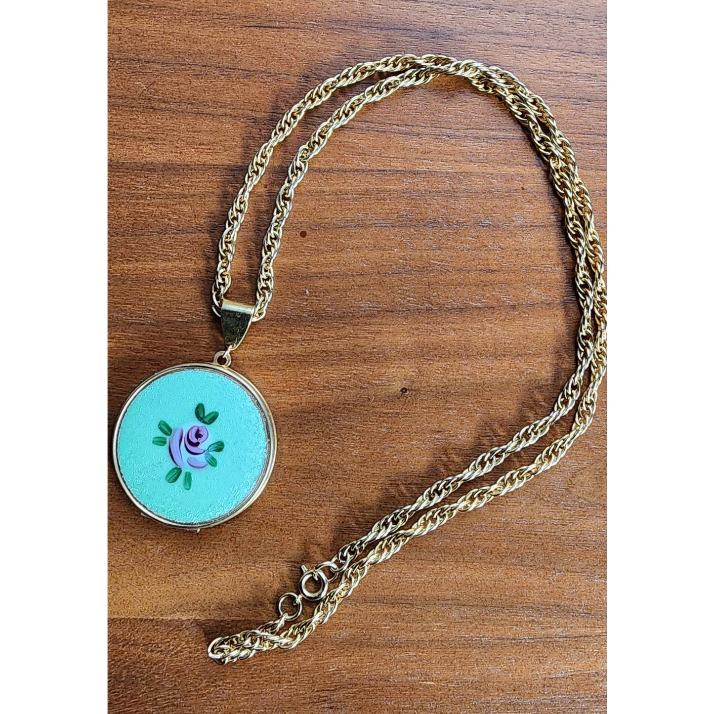 60s Enamel Locket Pendant Necklace Gold Chain Green Floral