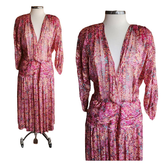 Vintage 80s Red Floral Print Dress Gauzy V Neckline