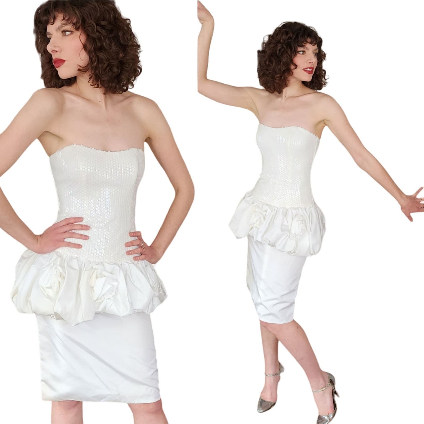 Vintage 80s White Party Dress Strapless Sequins Peplum Joy Stevens