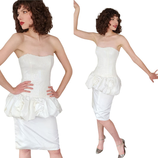 Vintage 80s White Party Dress Strapless Sequins Peplum Joy Stevens