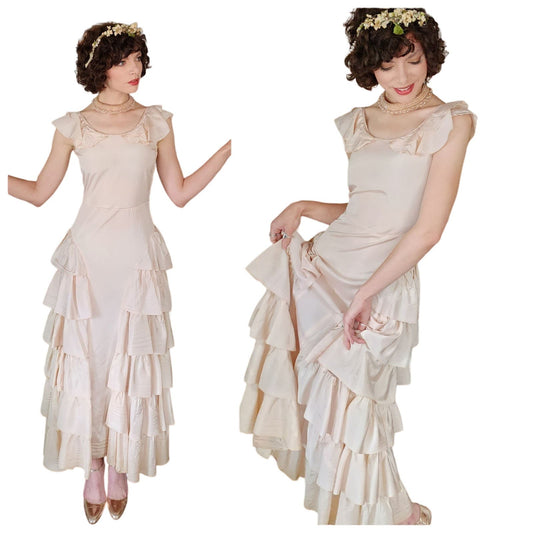 Vintage 30s Peach Satin Evening Dress Ruffled Skirt
