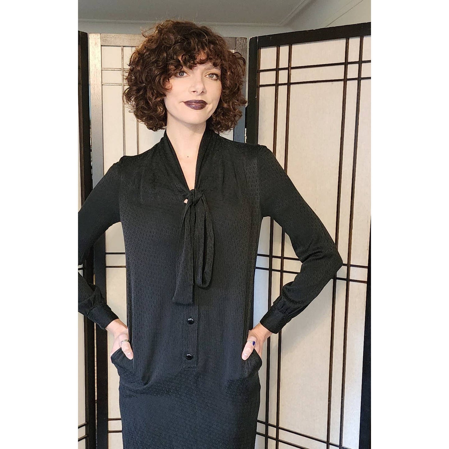 Vintage 70s Christian Dior Dress Long Sleeved Black Silk
