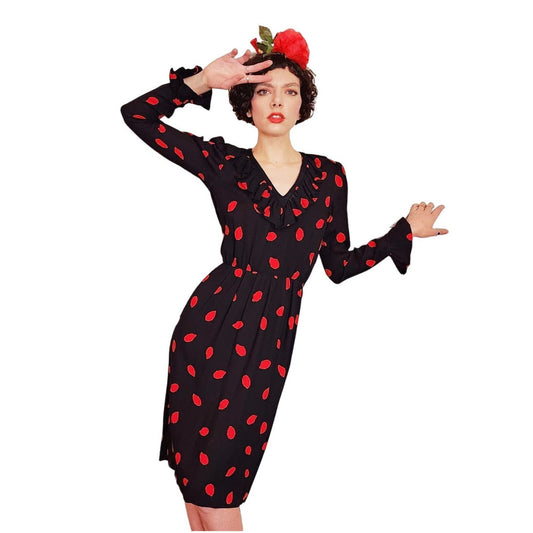 Vintage 70s Yves Saint Laurent Dress Black Red Print Rive Gauche