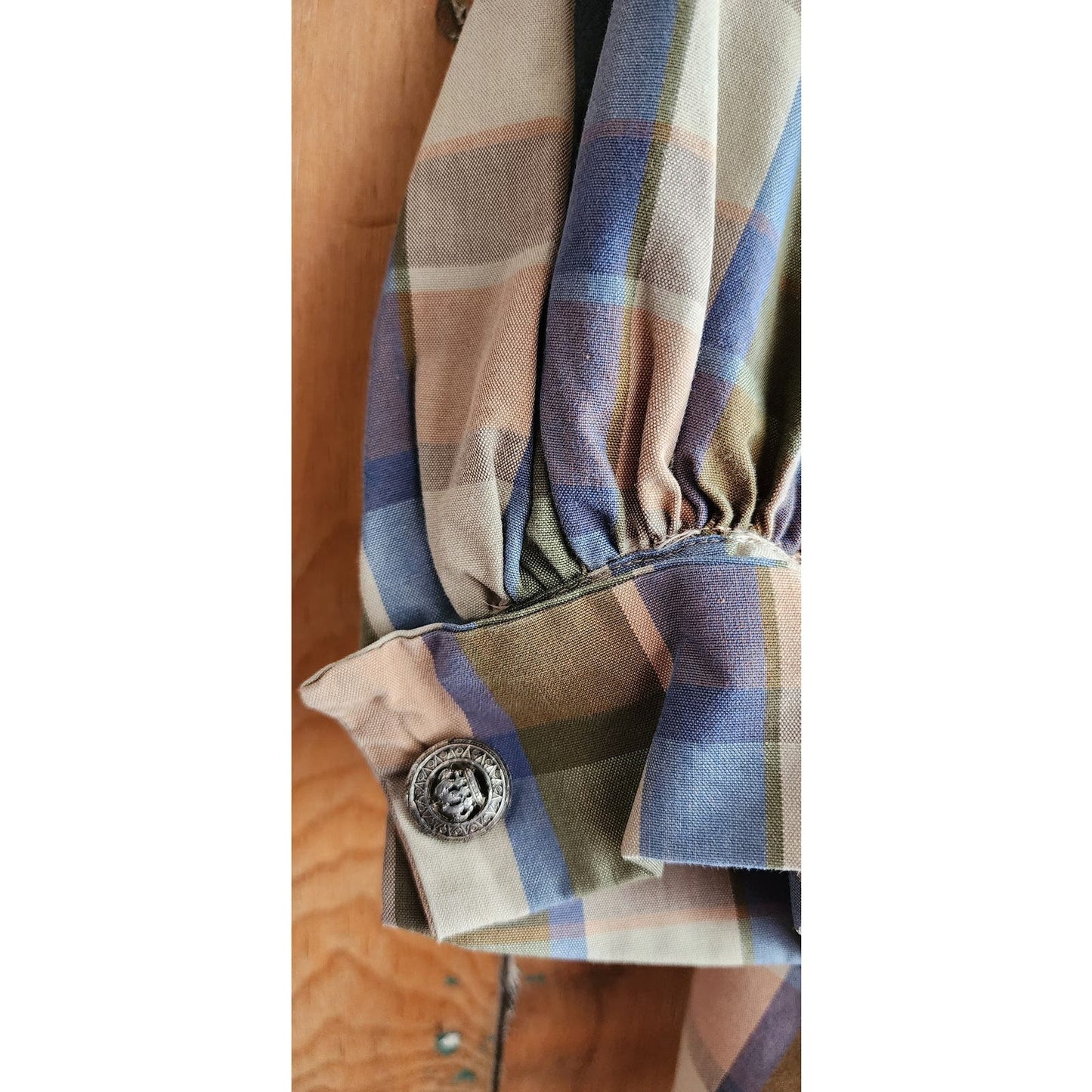 Vintage 60s Maternity Blouse Plaid Print Blue Beige