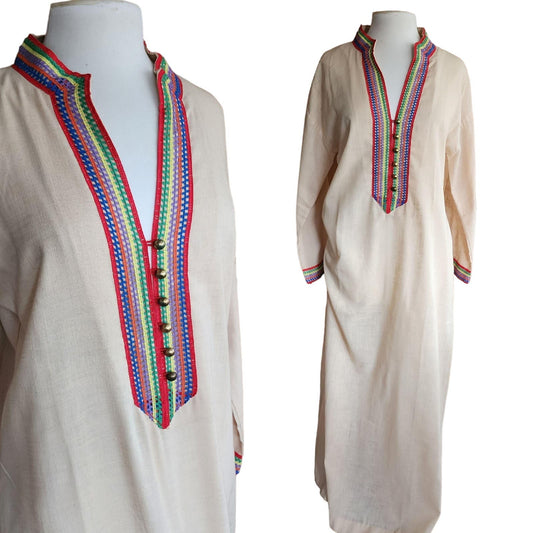 Vintage 70s Beige Maxi Caftan Dress Maxi Embroidered Lounger Sears