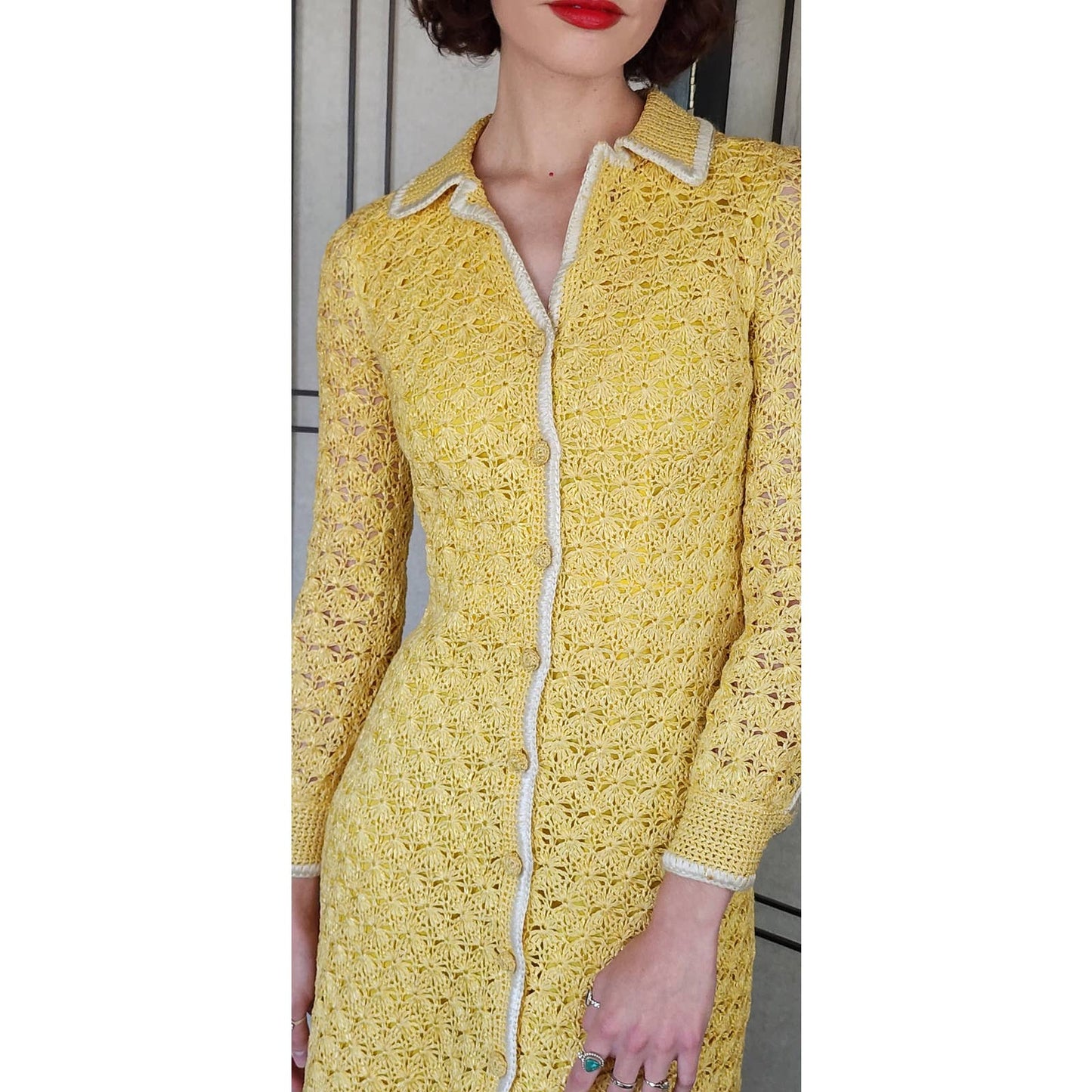 Vintage 60s Yellow Knit Dress Button Down Front Handmade France