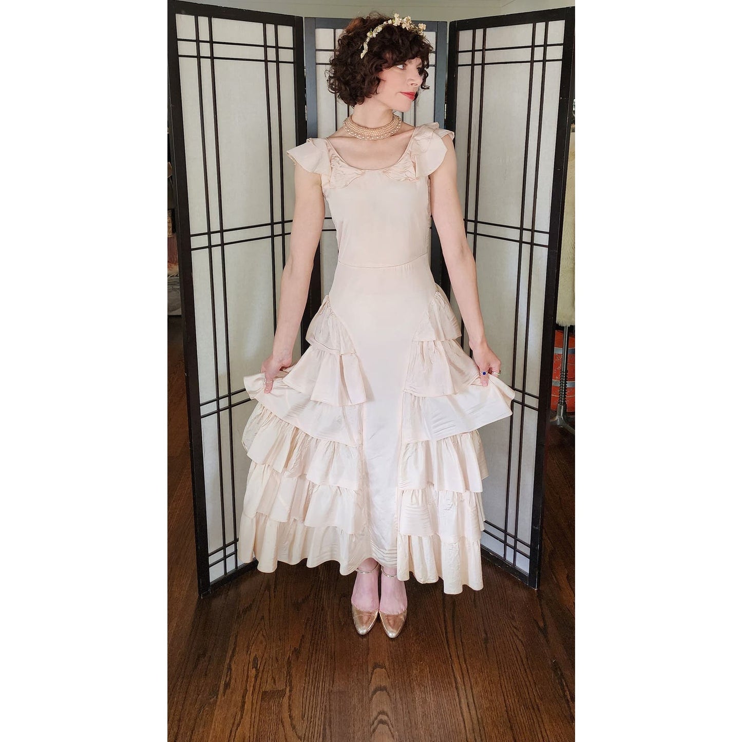 Vintage 30s Peach Satin Evening Dress Ruffled Skirt