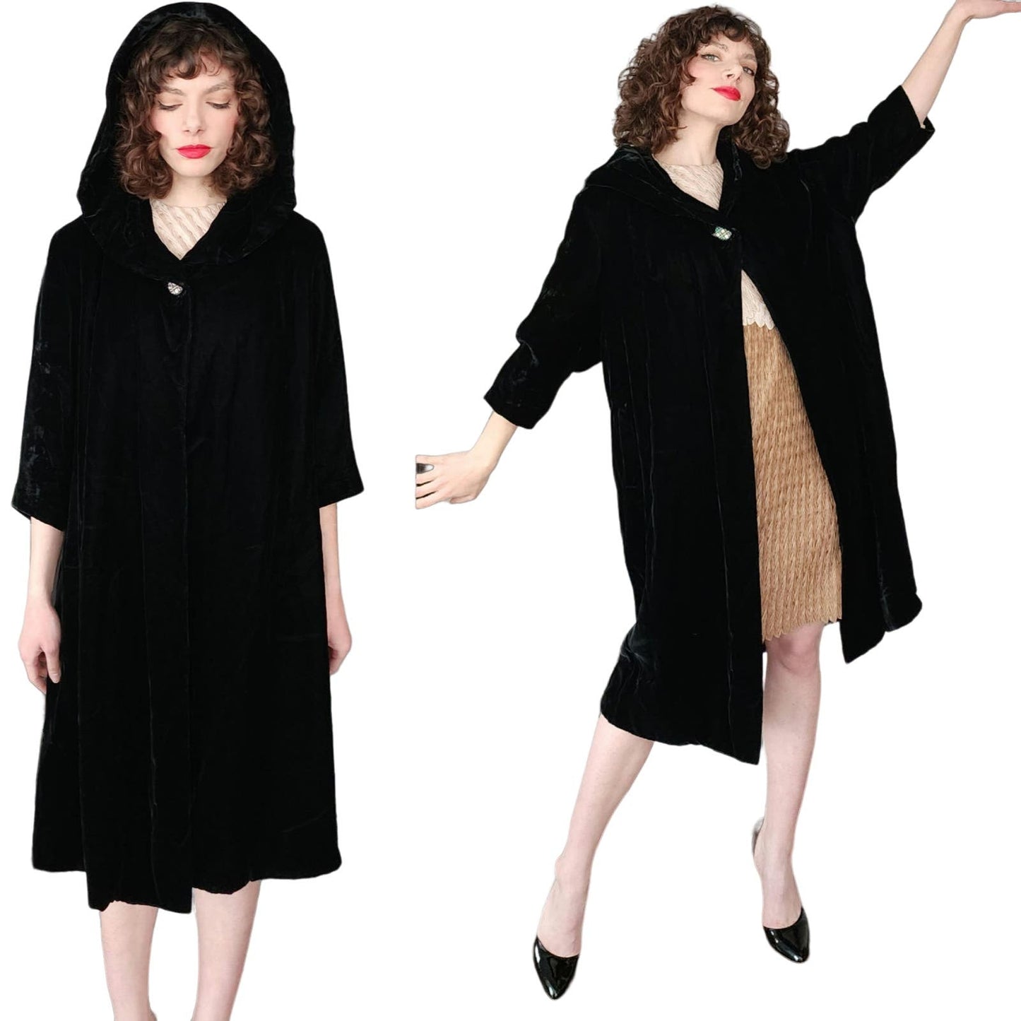 Vintage 50s Black Velvet Opera Coat Hooded