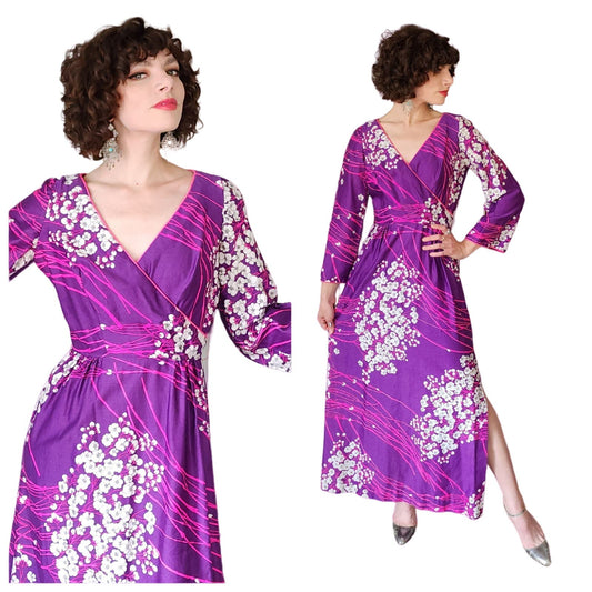 Vintage 70s Purple Maxi Dress Tiki Floral Print w/Long Sleeves Lilli Diamond