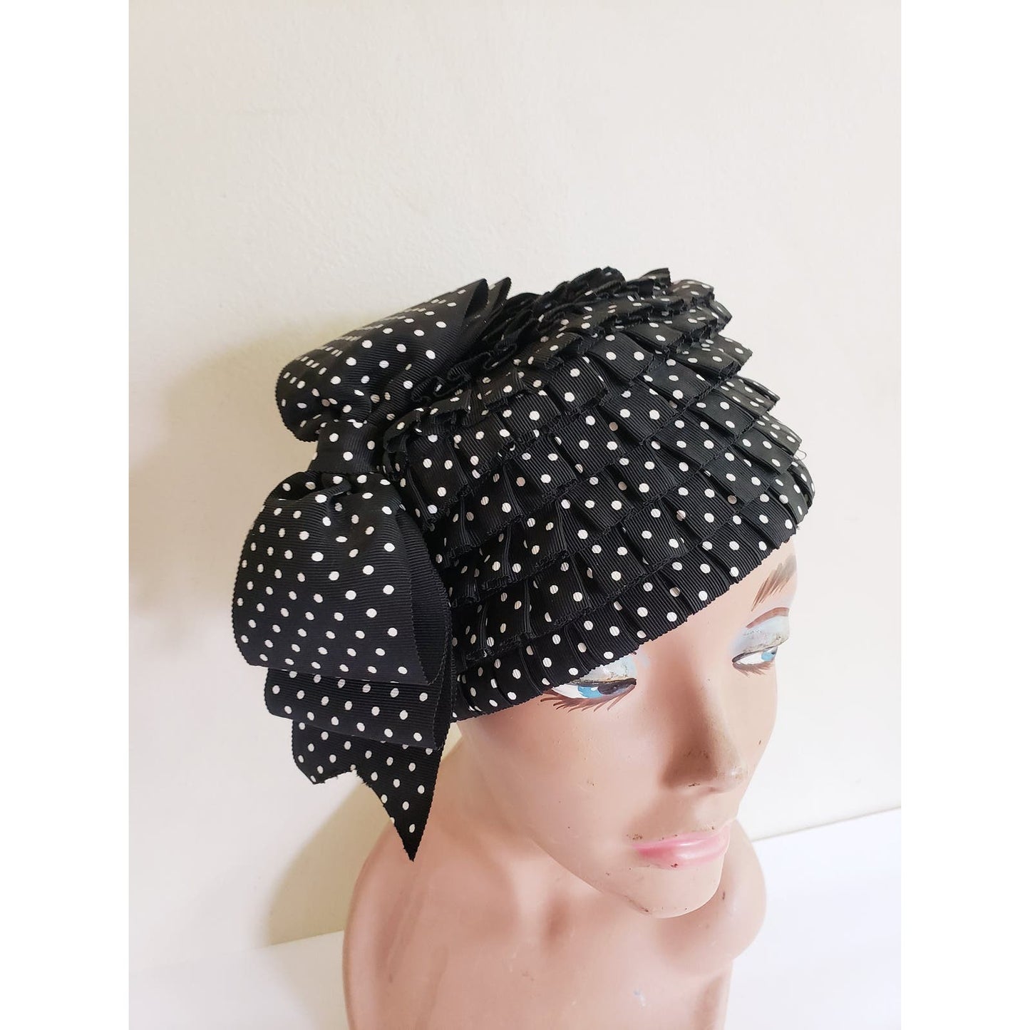 Vintage 60s Hat Black White Polka Dot Print Mod Toque Bow Ruffles