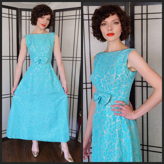 60s Party Dress Blue Gold Maxi Pebble Texture Sleeveless w/Bow / S