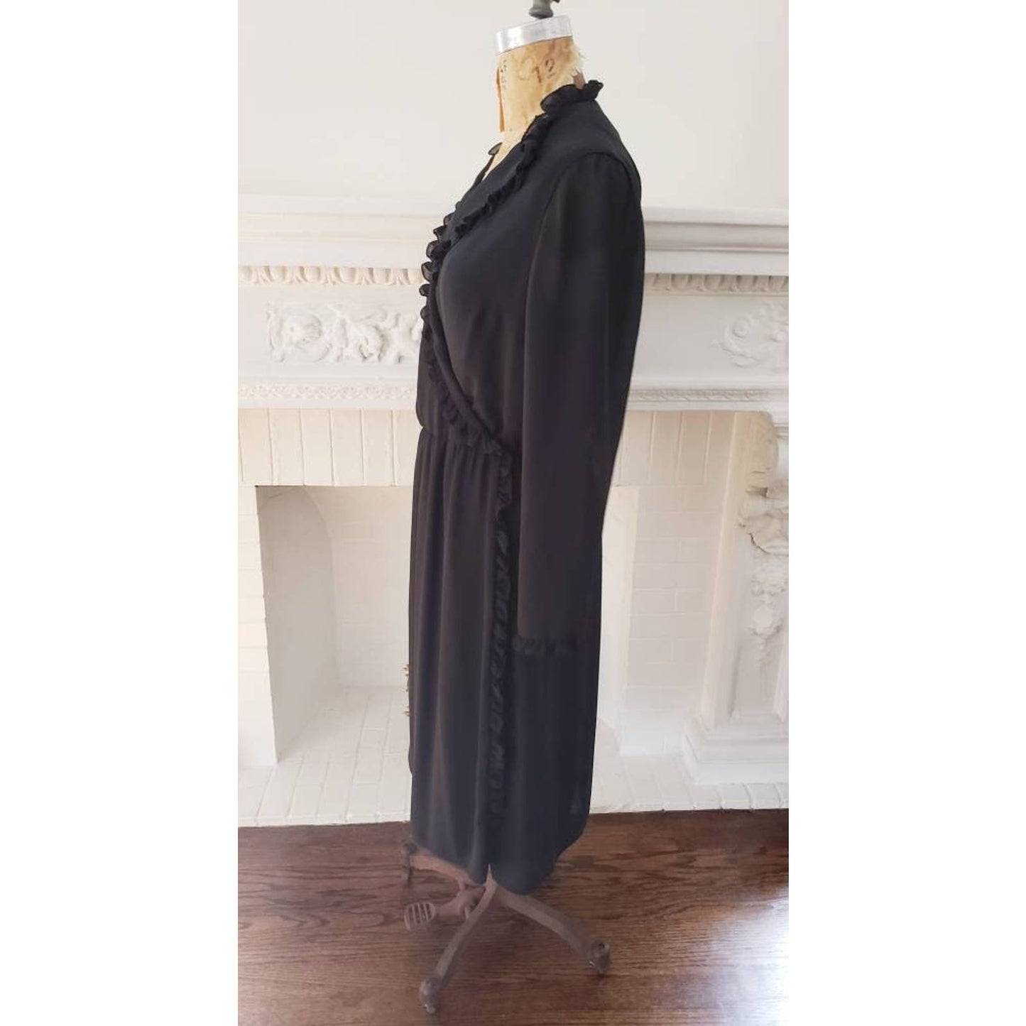 Vintage 70s Black Wrap Dress Ruffled Shawl Collar Long Sleeves