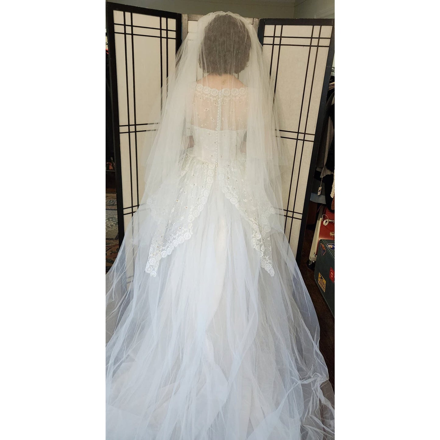 50s White Lace Wedding Dress w/Veil + Garter Marshall Fields