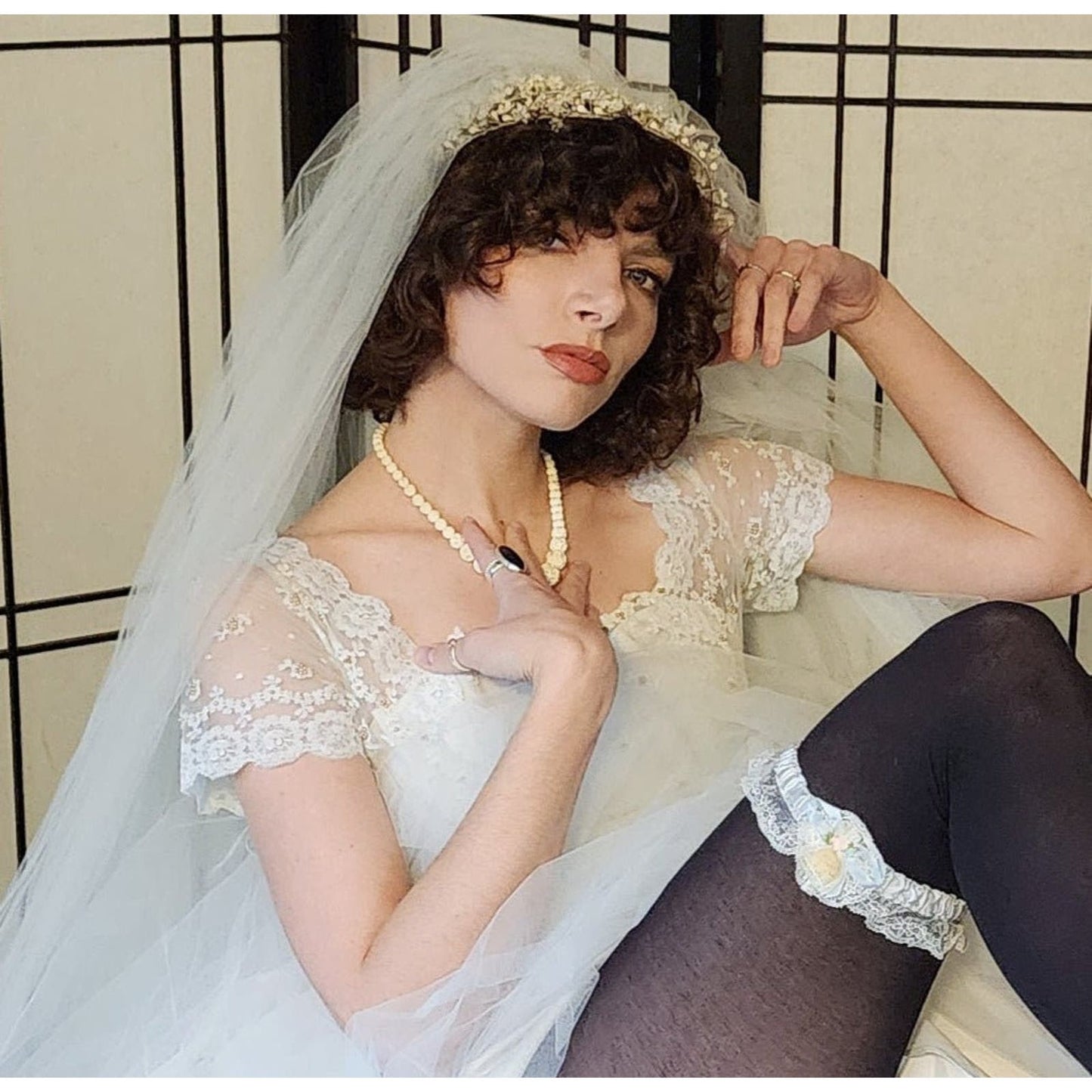 50s White Lace Wedding Dress w/Veil + Garter Marshall Fields