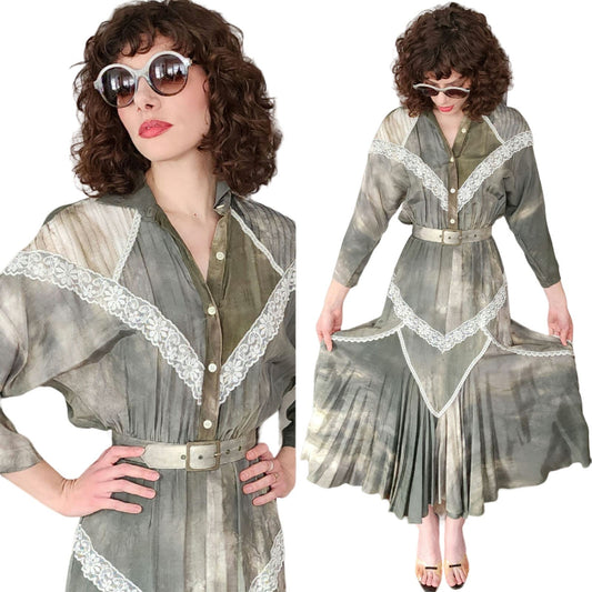 80s Southwestern Style Dress Green Tie Dye White Lace