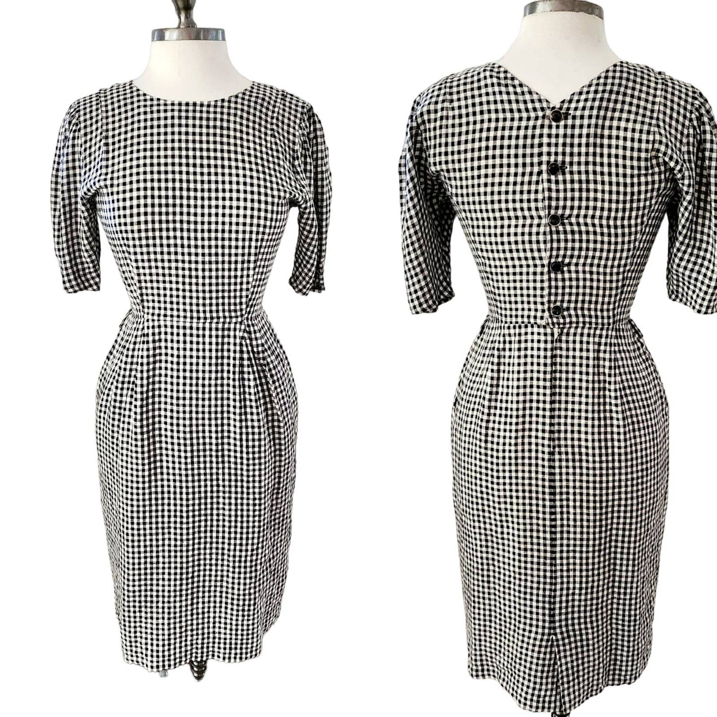 Vintage 80s UNGARO Checked Print Dress Back Button Closure