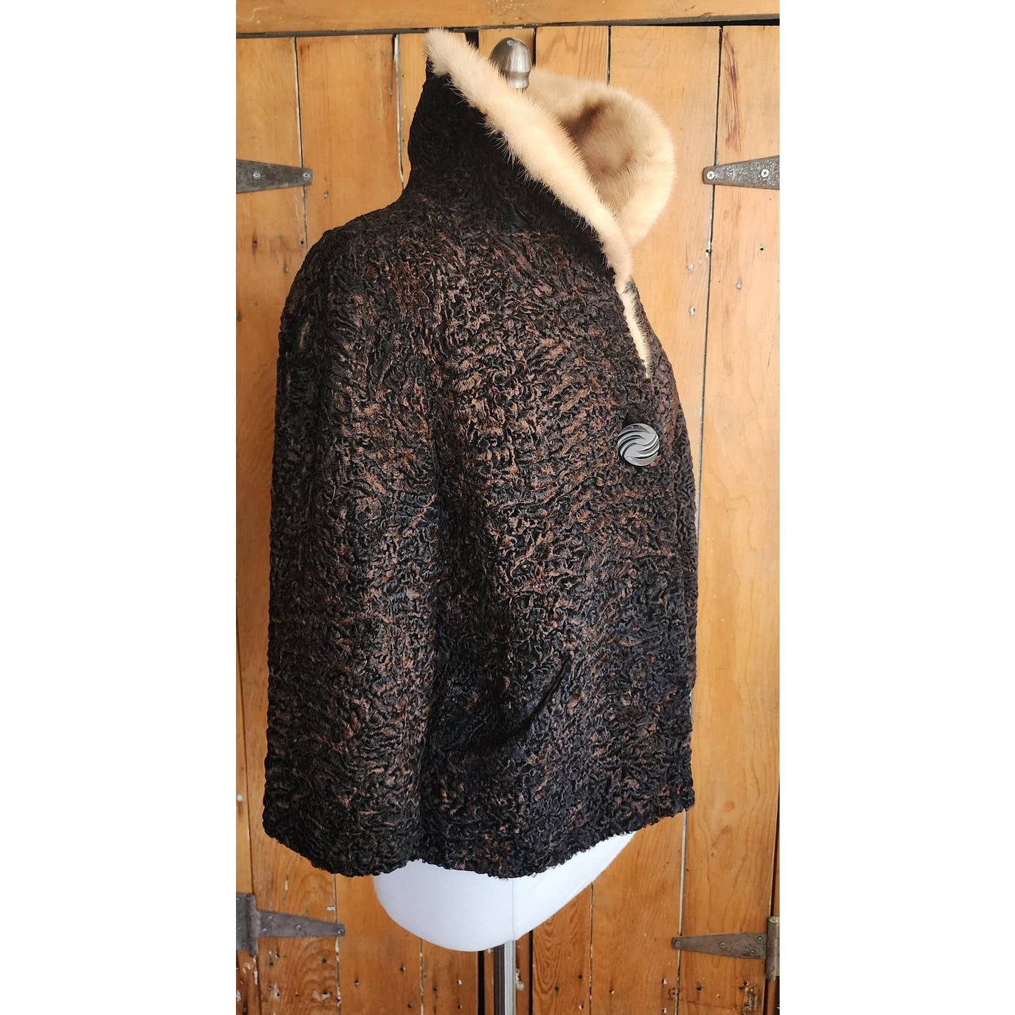 Vintage 50s Fur Collared Jacket Brown Persian Curly Wool Gordons