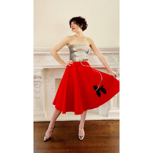True Vintage 1950s Poodle Skirt in Red Felt w-Elastic Waist M