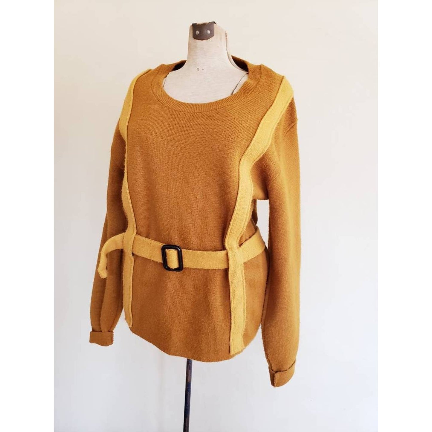 Vintage 70 Mens Sweater Mustard Yellow Sweater Adjustable Buckle Belt