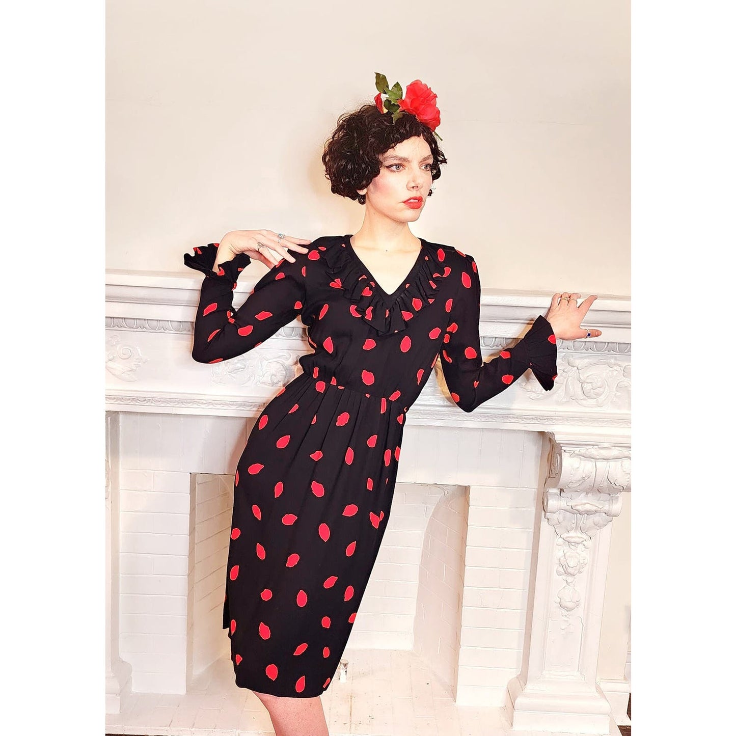 Vintage 70s Yves Saint Laurent Dress Black Red Print Rive Gauche