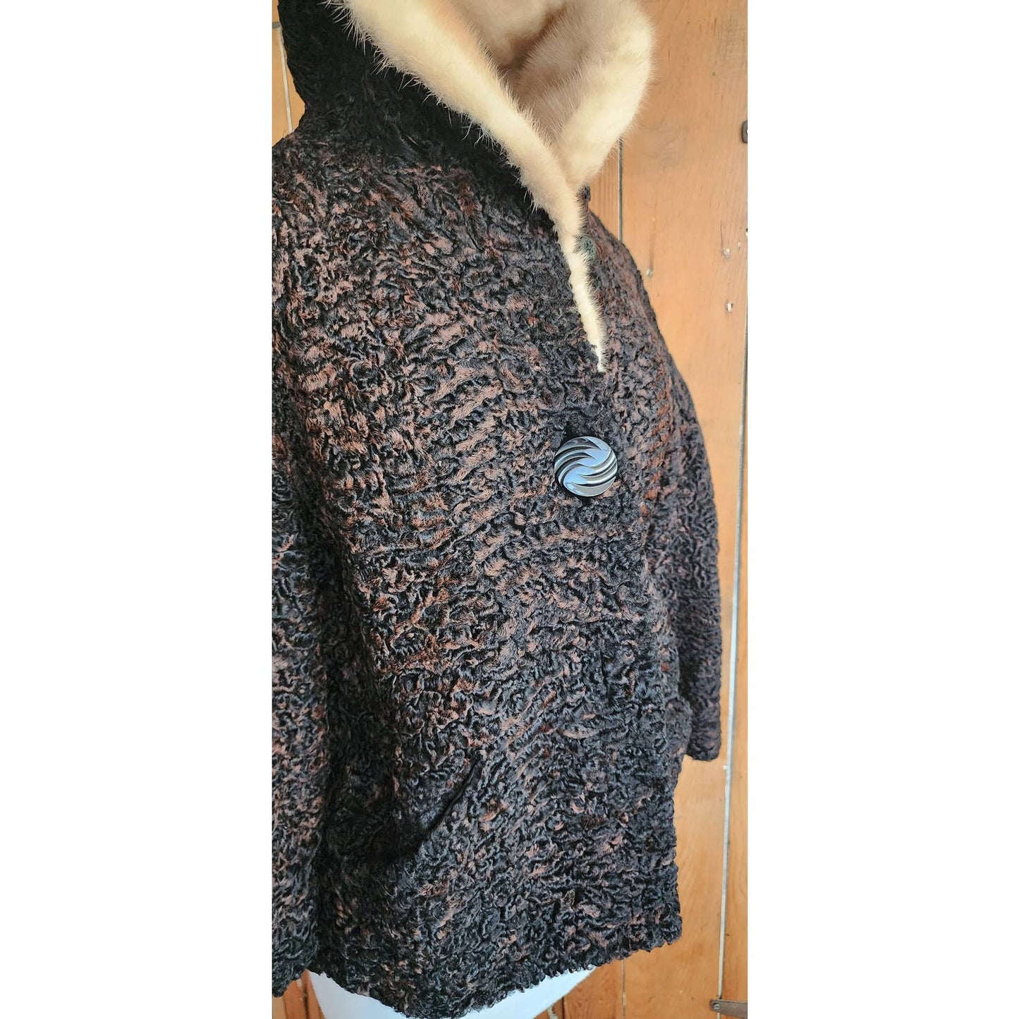 Vintage 50s Fur Collared Jacket Brown Persian Curly Wool Gordons