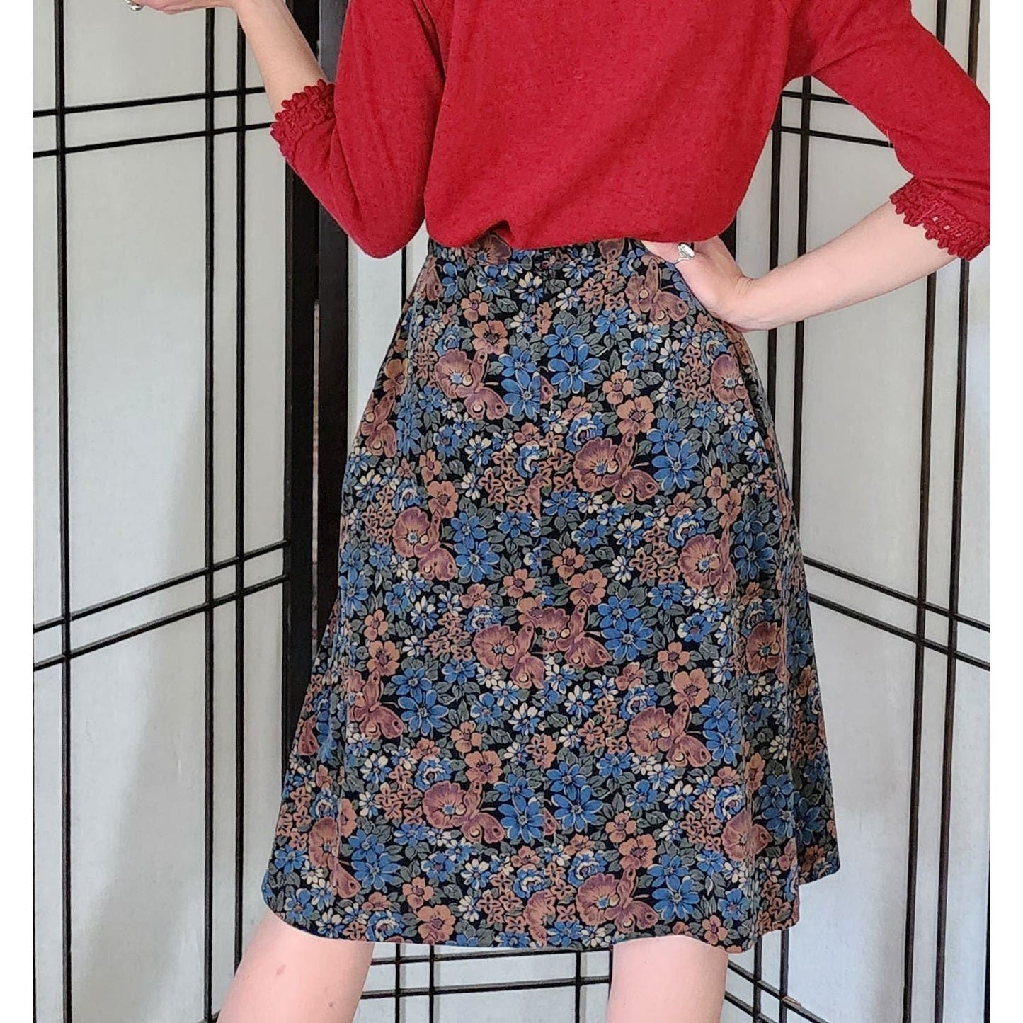 Vintage 70s Corduroy Skirt Floral Print Brown Blue