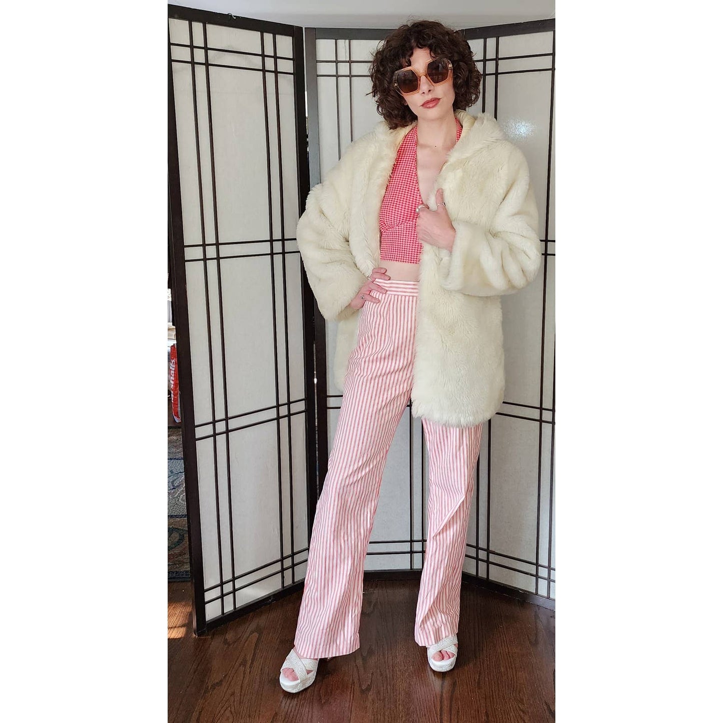 Vintage 70s Faux Fur Jacket Shaggy White Stag Hooded