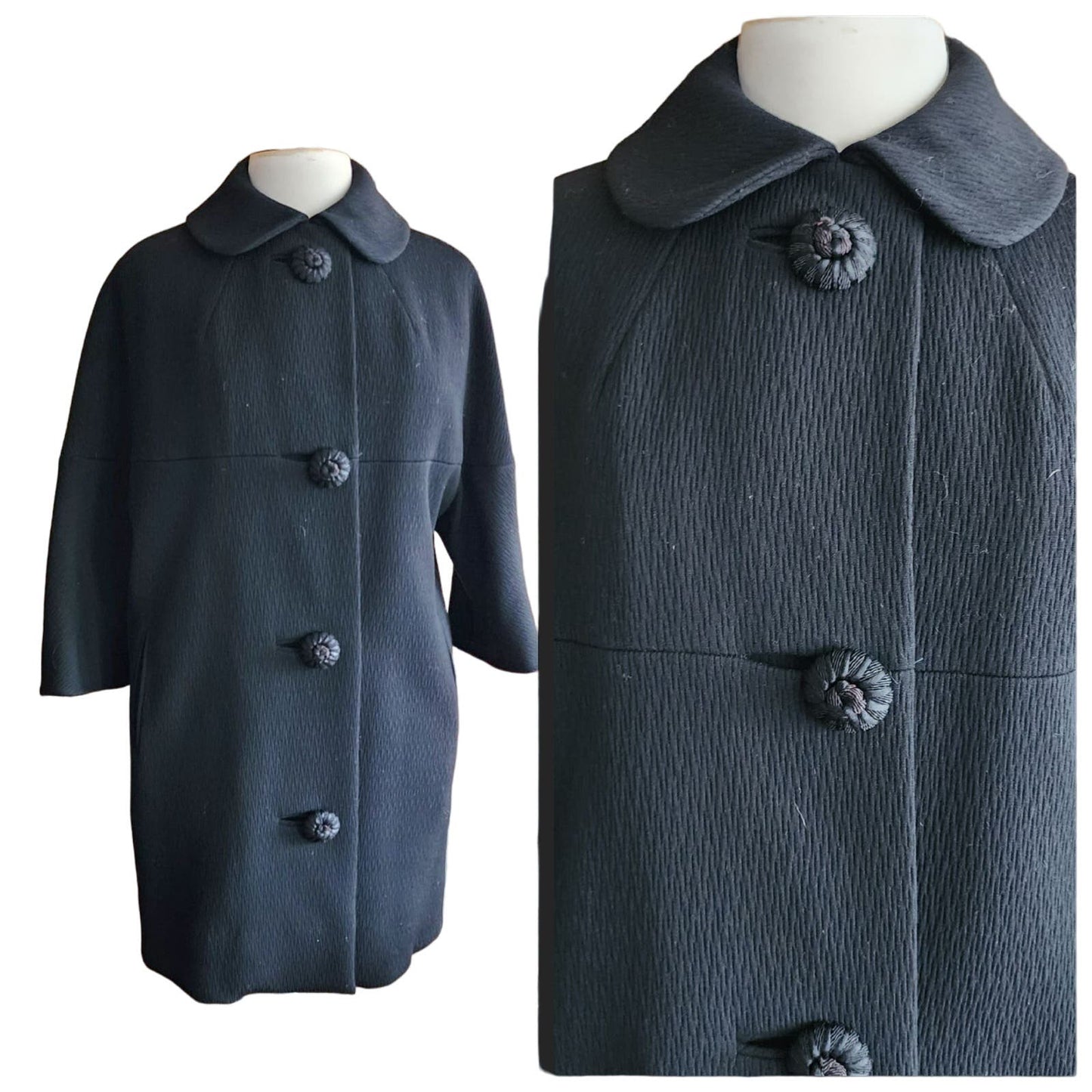 Vintage 60s Black Coat Large Buttons Lenari Designs