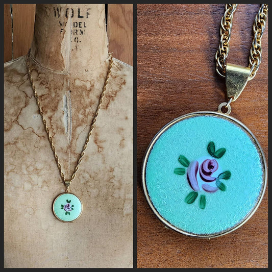 60s Enamel Locket Pendant Necklace Gold Chain Green Floral