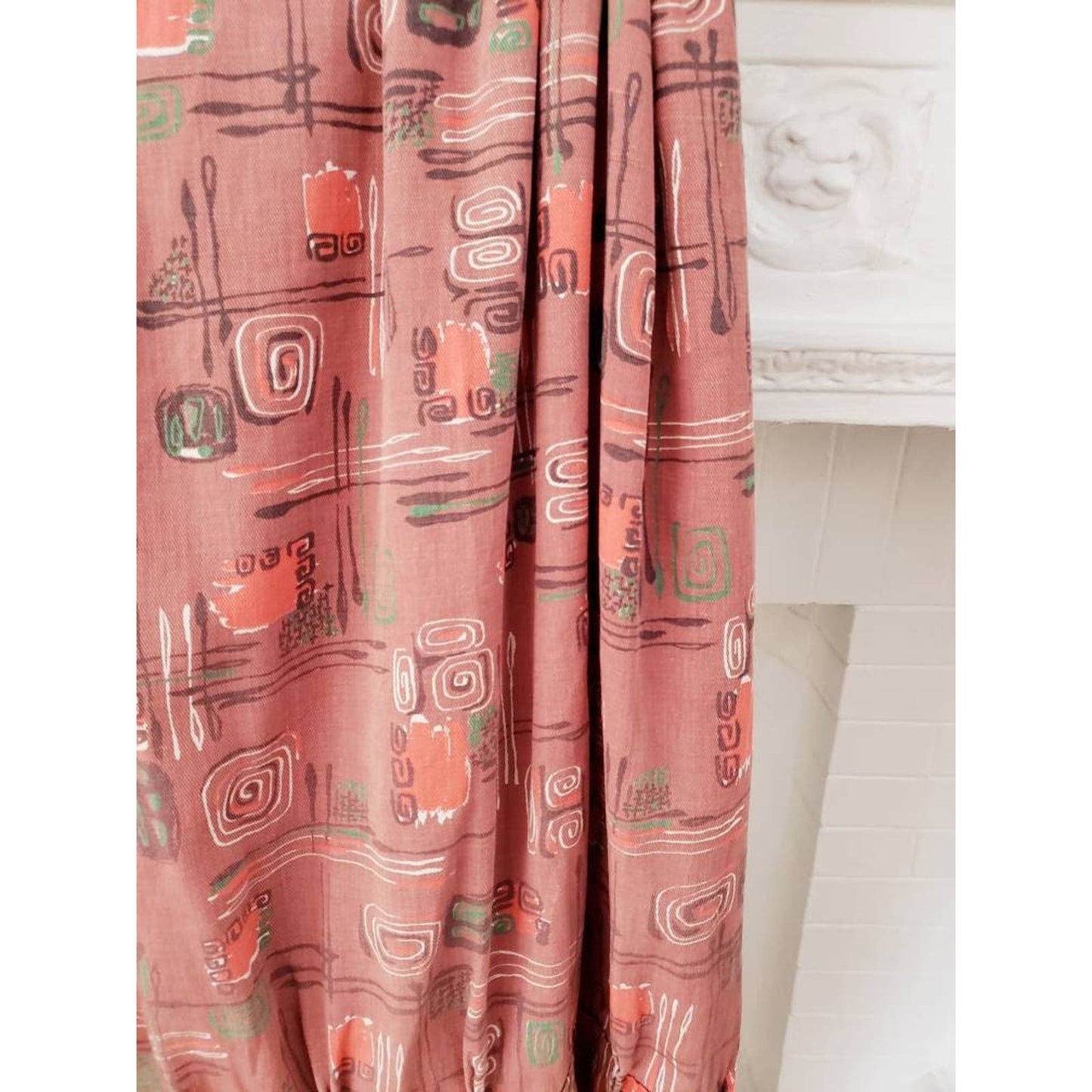 Vintage 40s Curtain Panel Brown Red Green Graphic Print MCM