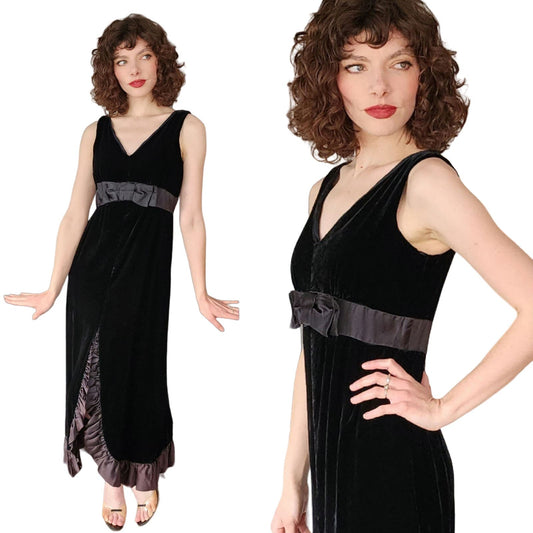 Vintage 60s Black Velvet Evening Dress Bow Ruffled Skirt
