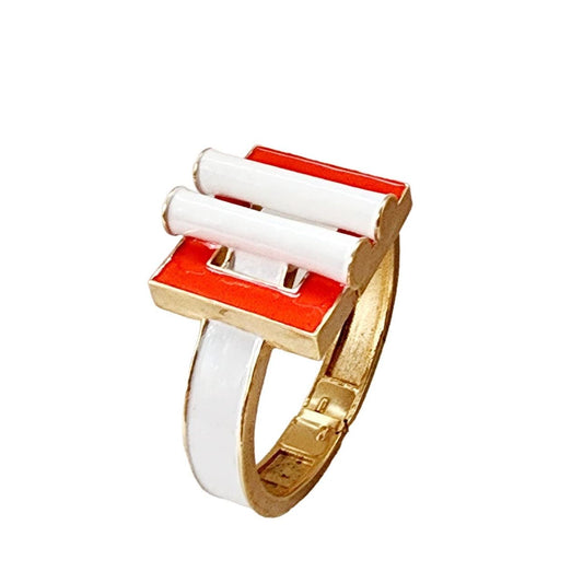 Vintage Modernist Trifari Bracelet Enamel Orange Red White Geometric