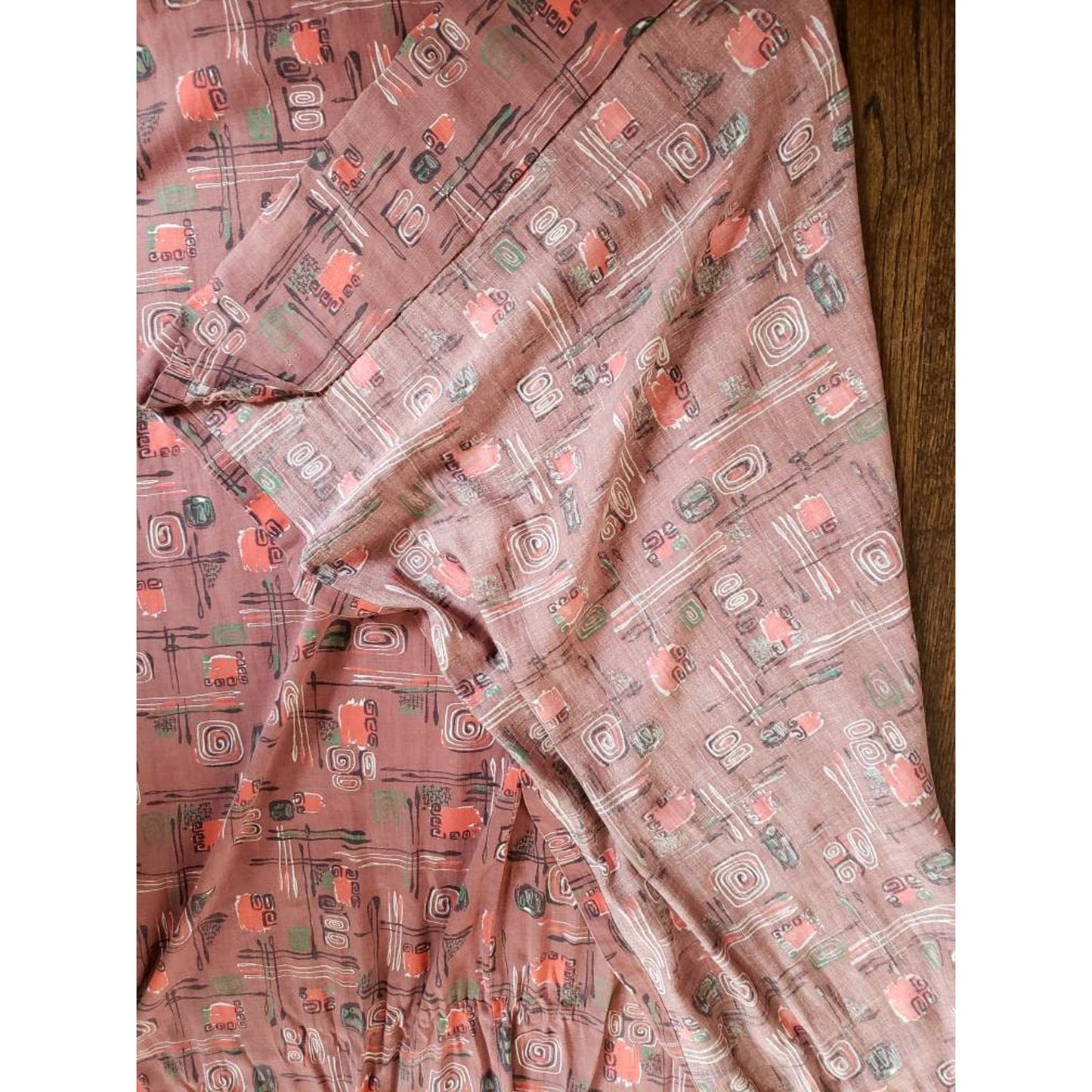 Vintage 40s Curtain Panel Brown Red Green Graphic Print MCM