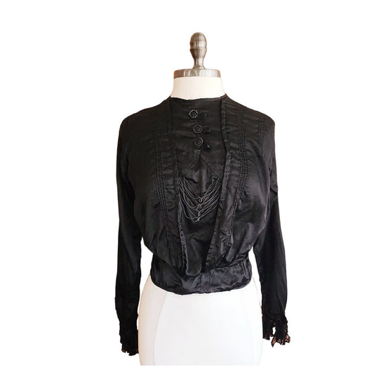 Edwardian Black Blouse Long Sleeve Embroidered Small