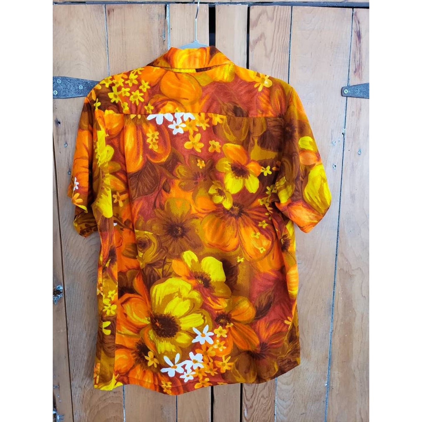 Vintage 60s Mens Hawaiian Shirt Pomare Orange Yellow Floral Print