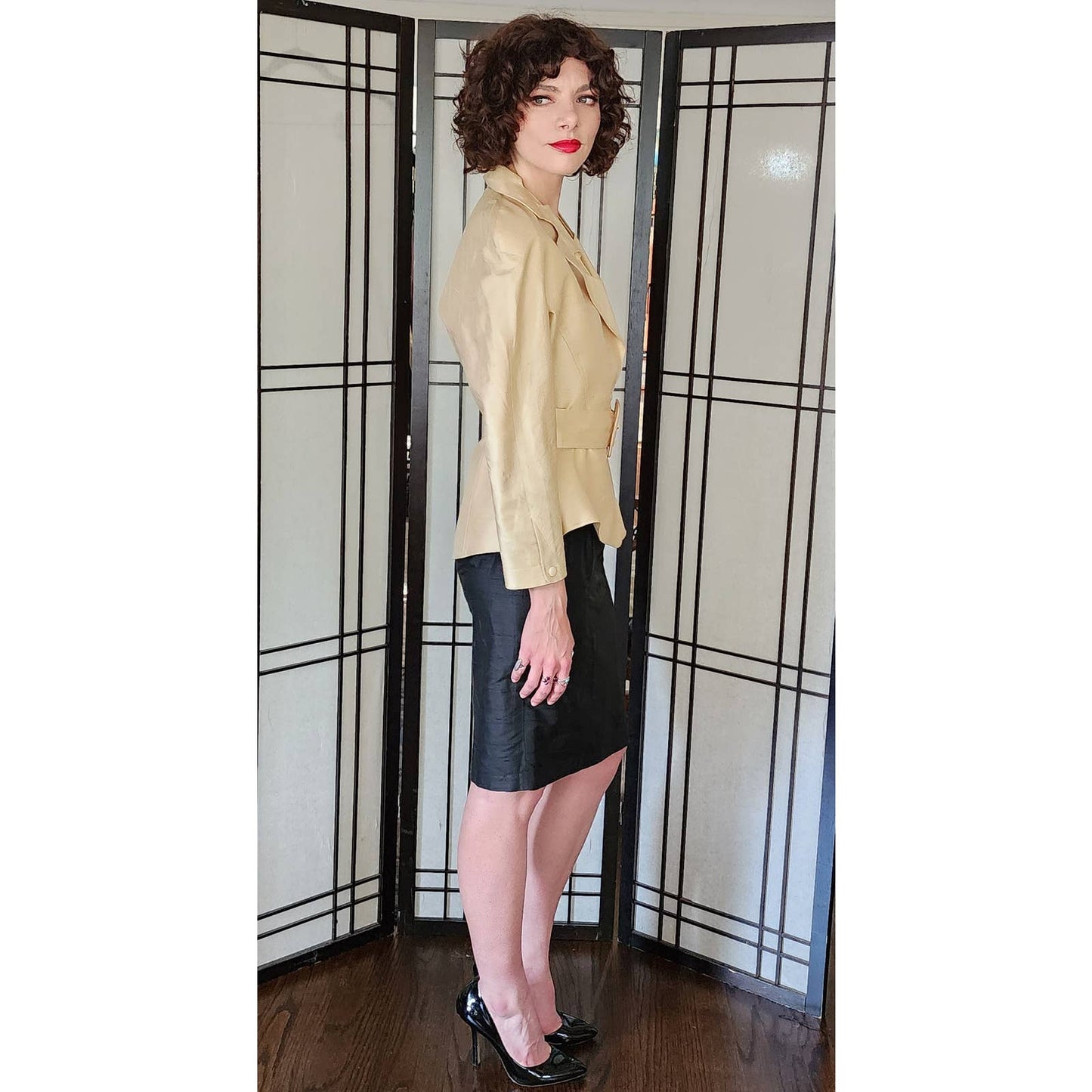 Vintage 90s Thierry Mugler Skirt Suit Beige Black Silk 40