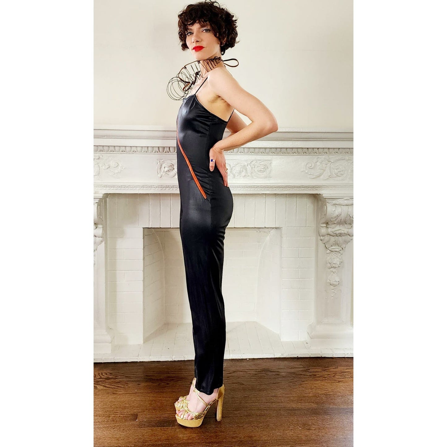 Vintage 80s Black Bodysuit Red Zippers Fredericks of Hollywood Skintight Jumpsuit